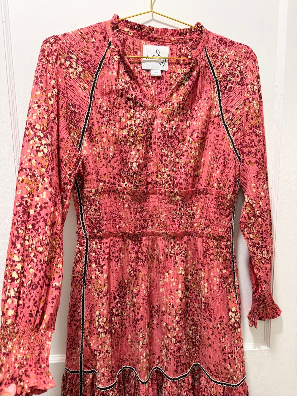 Sam Edelman Illora Floral Ruffled Smocked Midi Dress Pink / Burgundy - Size L